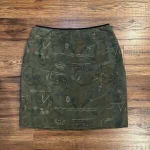 Anthropologie Meadow Rue Green Pencil Skirt Embroidery Women 16 Boho Cottagecore